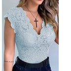 Women's Ruffle Lace Bodysuit – Plunging V-Neck Statement Sleeve Bodysuit