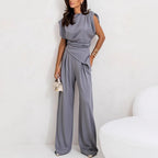 Women's Draped Two-Piece Set – High Waist Wide Leg Pants Set