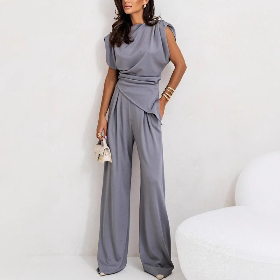 Women's Draped Two-Piece Set – High Waist Wide Leg Pants Set