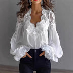 Women's Lace Blouse with Ruffle Sleeves and Flowing Fit