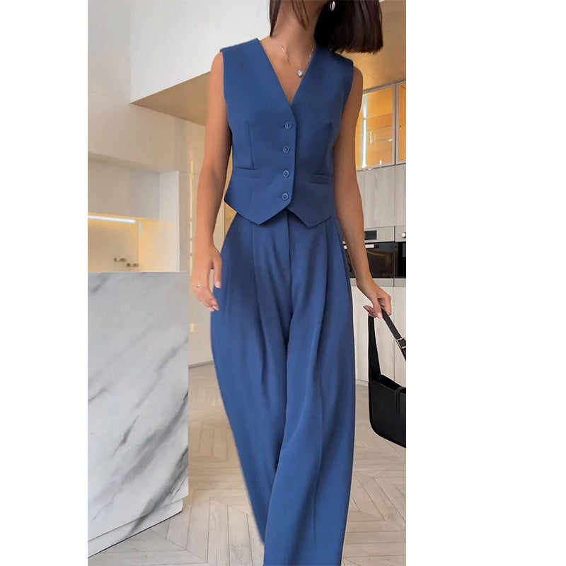 Women's V-Neck Waistcoat Pants Set – Sleeveless Vest & Wide Leg Trousers