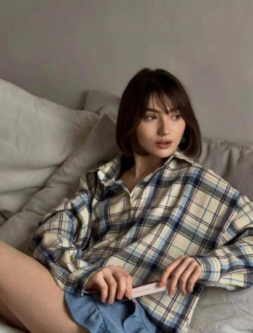 Women's Plaid Oversized Blouse – Relaxed Collared Button Front Shirt