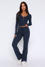 Women's Flared Pants Loungewear Set – Button Detail Crop Top Two Piece Set