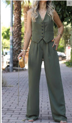 Women's V-Neck Waistcoat Pants Set – Sleeveless Vest & Wide Leg Trousers