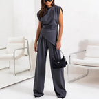 Women's Draped Two-Piece Set – High Waist Wide Leg Pants Set