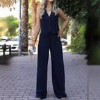 Women's V-Neck Waistcoat Pants Set – Sleeveless Vest & Wide Leg Trousers