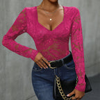 Women's Sheer Floral Bodysuit – Deep V-Neck Lace Long Sleeve Bodysuit