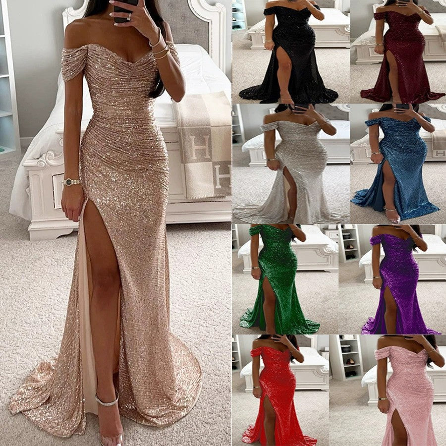 Women's Sequin Off-Shoulder Gown – Sparkle Side Slit Evening Dress