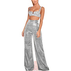 Women's High Waist Glitter Trousers – Straight Leg Side Slit Party Pants