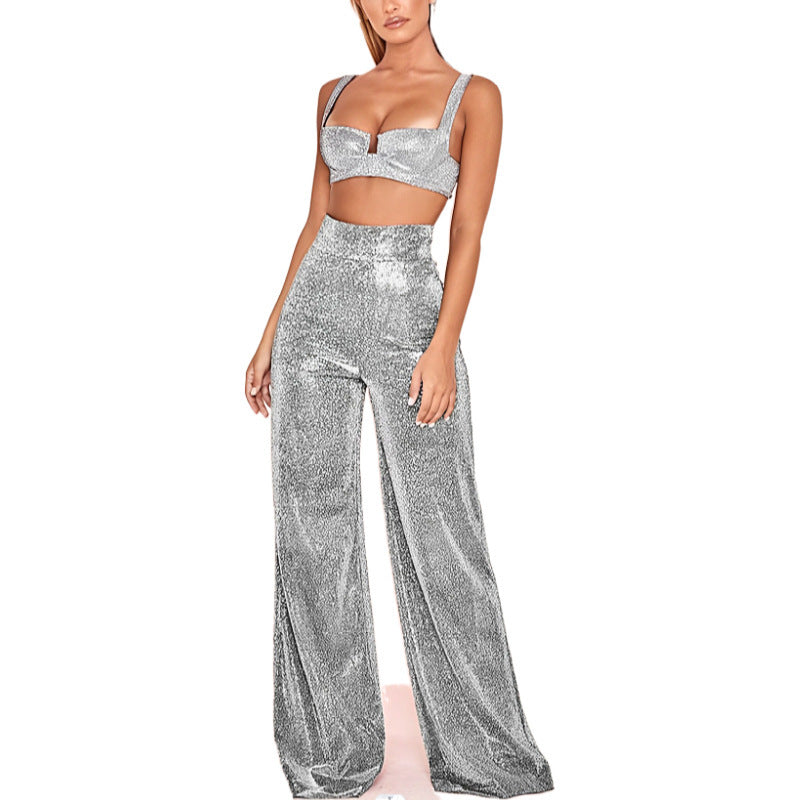 Women's High Waist Glitter Trousers – Straight Leg Side Slit Party Pants