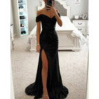 Women's Sequin Off-Shoulder Gown – Sparkle Side Slit Evening Dress