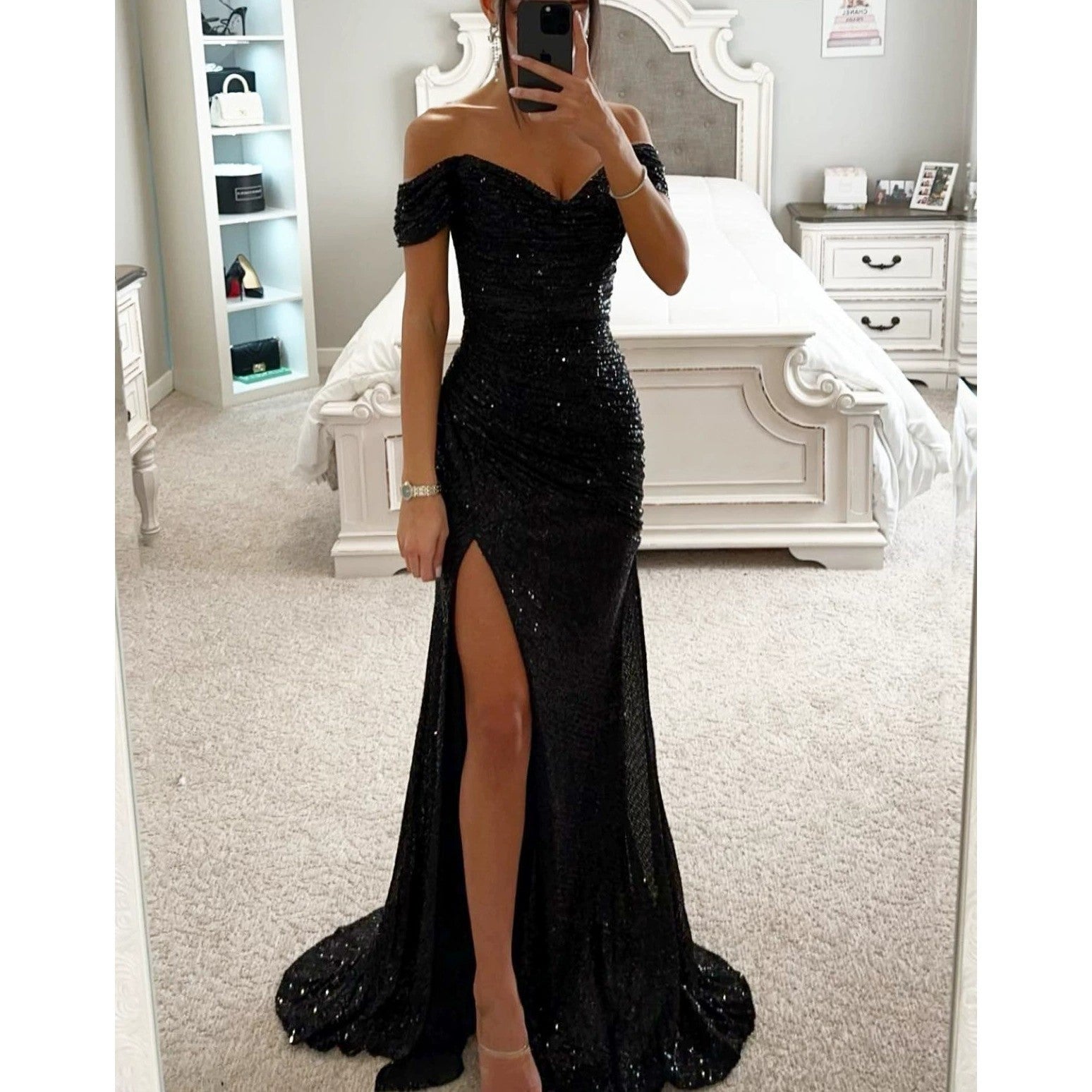 Women's Sequin Off-Shoulder Gown – Sparkle Side Slit Evening Dress