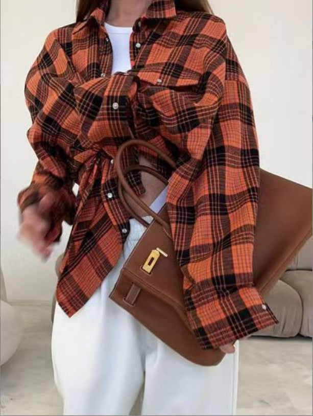 Women's Plaid Oversized Blouse – Relaxed Collared Button Front Shirt