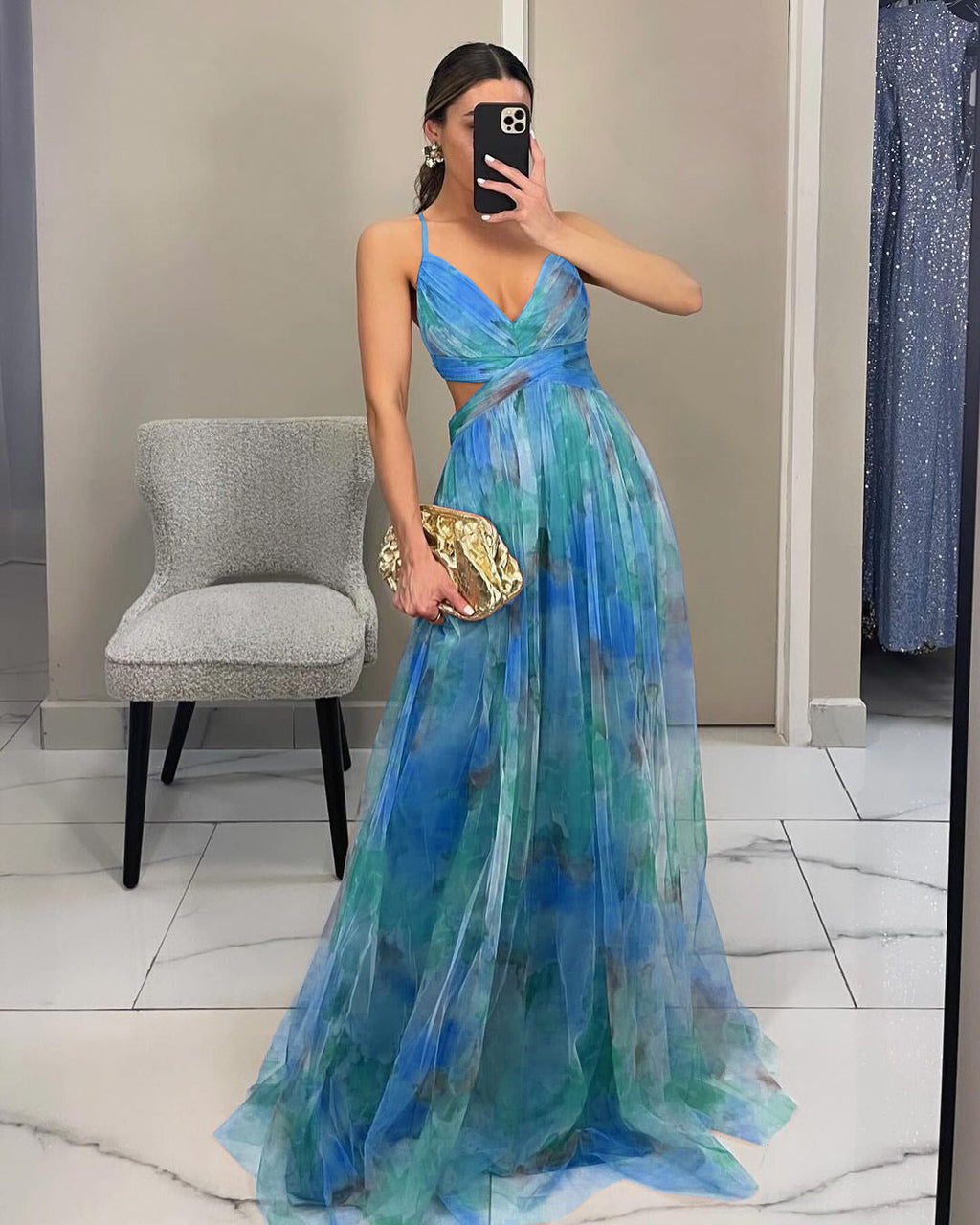 Women's Floral Strappy Maxi Dress – V-Neck Flowing Evening Gown