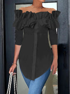 Women's Ruffled Off-Shoulder Blouse – Three-Quarter Sleeve Button Blouse