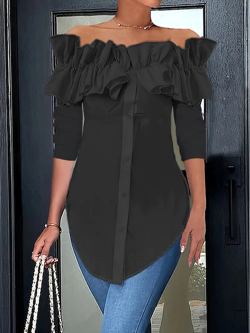 Women's Ruffled Off-Shoulder Blouse – Three-Quarter Sleeve Button Blouse