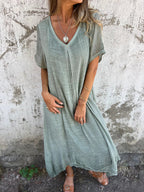 Women's V-Neck Midi Dress – Relaxed Fit Casual Dress – Hannah