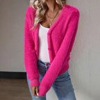Women's Plush V-Neck Cardigan – Button Front Relaxed Knit Cardigan