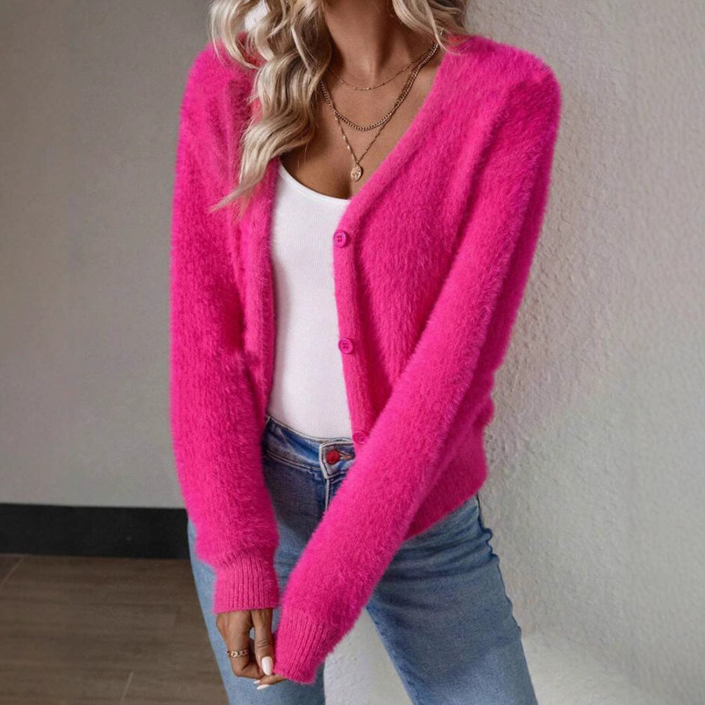 Women's Plush V-Neck Cardigan – Button Front Relaxed Knit Cardigan