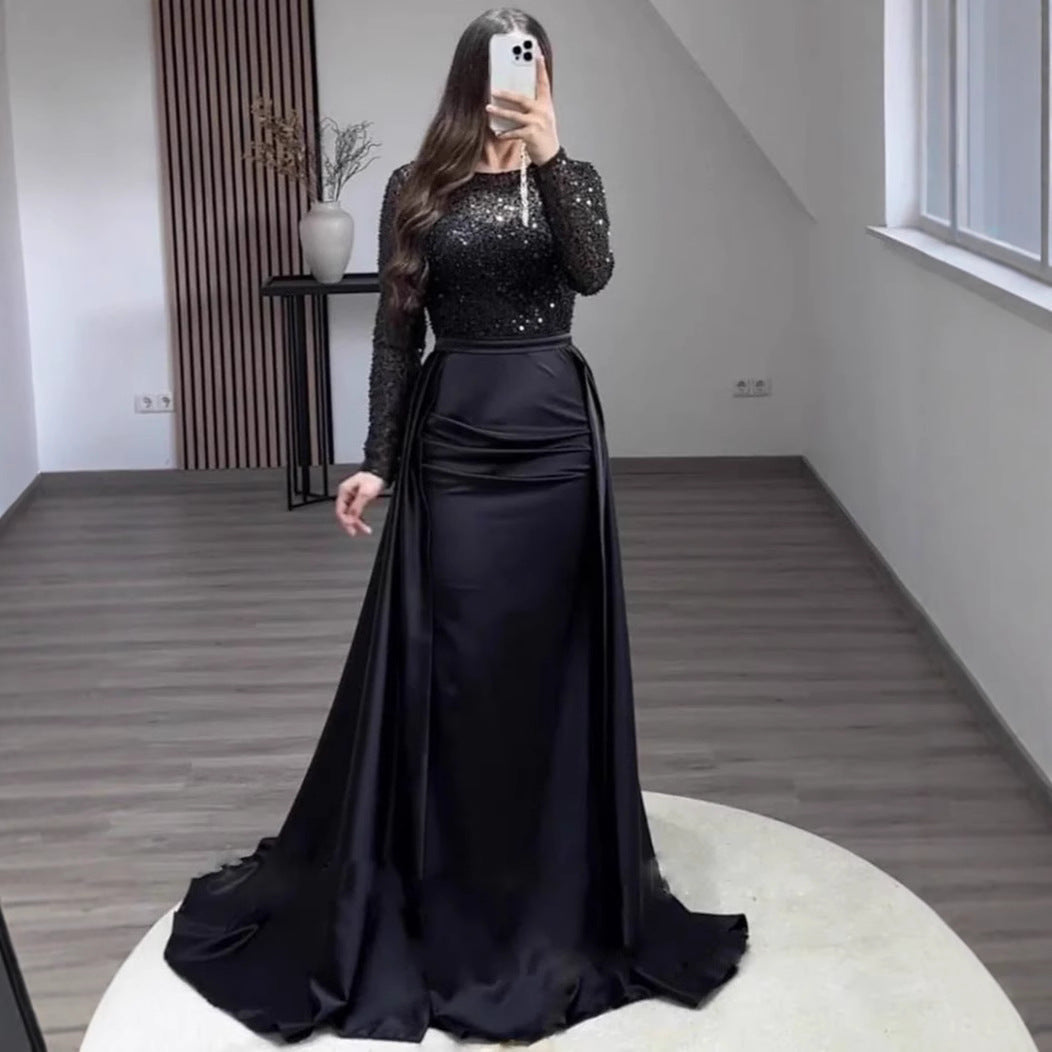 Women's Long Sleeve Glitter Gown – Flowing Sparkle Evening Dress
