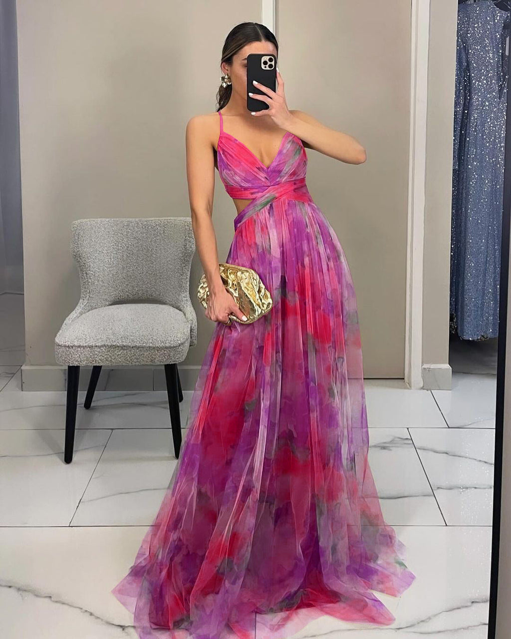 Women's Floral Strappy Maxi Dress – V-Neck Flowing Evening Gown