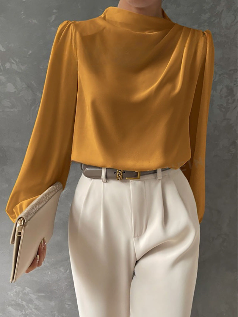Women's Long Sleeve Blouse with Relaxed Fit and Draped Design