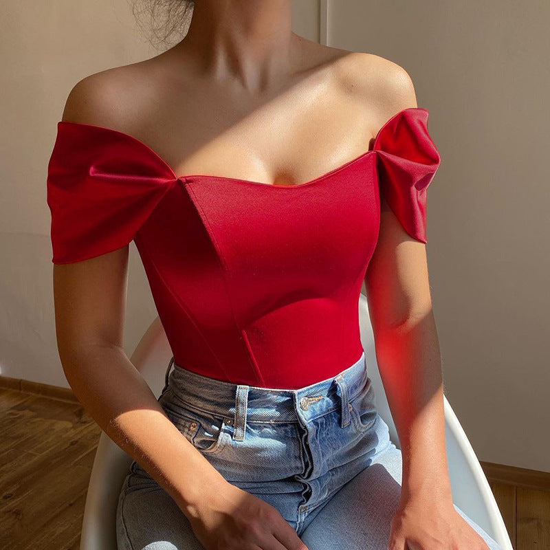 Women's Bow Sleeve Corset Bodysuit – Off-Shoulder Fitted Evening Bodysuit
