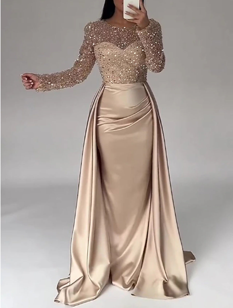 Women's Long Sleeve Glitter Gown – Flowing Sparkle Evening Dress