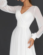 Women's Pleated Fit & Flare Dress – V-Neck Long Sleeve Occasion Dress
