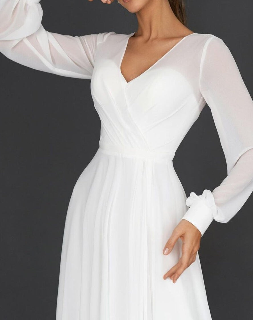Women's Pleated Fit & Flare Dress – V-Neck Long Sleeve Occasion Dress