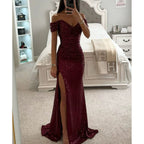 Women's Sequin Off-Shoulder Gown – Sparkle Side Slit Evening Dress