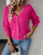 Women's Plush V-Neck Cardigan – Button Front Relaxed Knit Cardigan