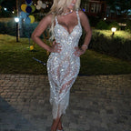 Women's Sequin Fringe Gown – V-Neck Sparkle Evening Dress