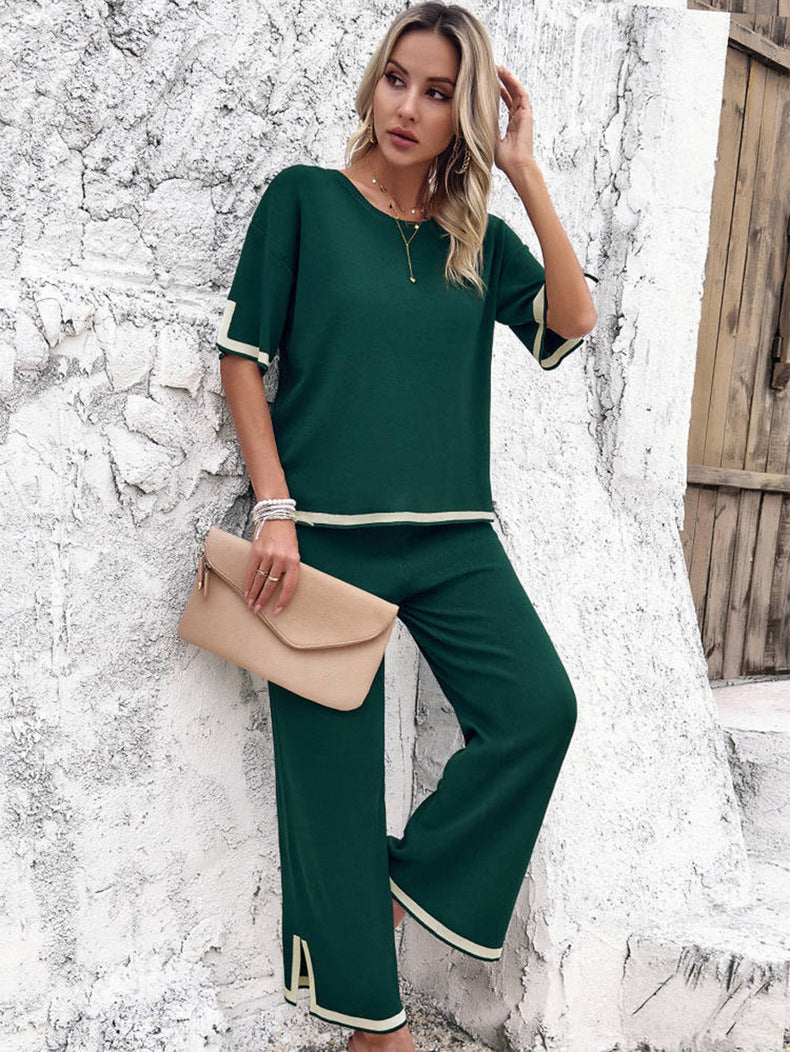 Women's Wide Leg Loungewear Set – Relaxed Top Split Hem Pants Set