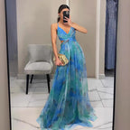 Women's Floral Strappy Maxi Dress – V-Neck Flowing Evening Gown