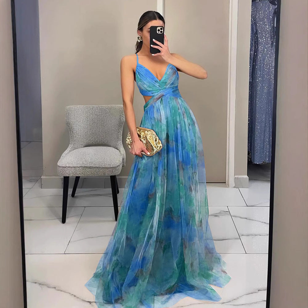 Women's Floral Strappy Maxi Dress – V-Neck Flowing Evening Gown
