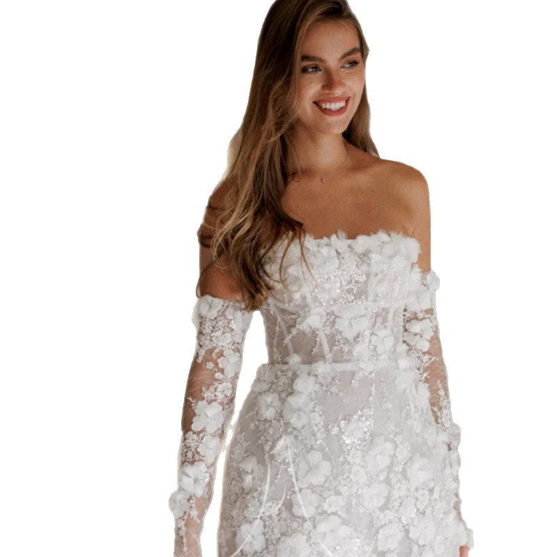 Women's Floral Wedding Dress – Sheer Sleeve Gown