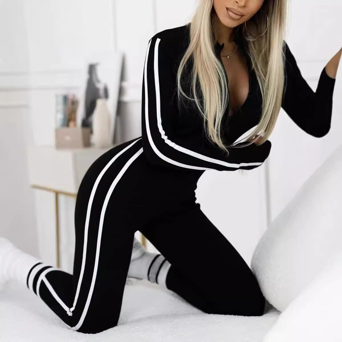 Women's Striped Sport Bodysuit – Fitted Long Sleeve Active Bodysuit