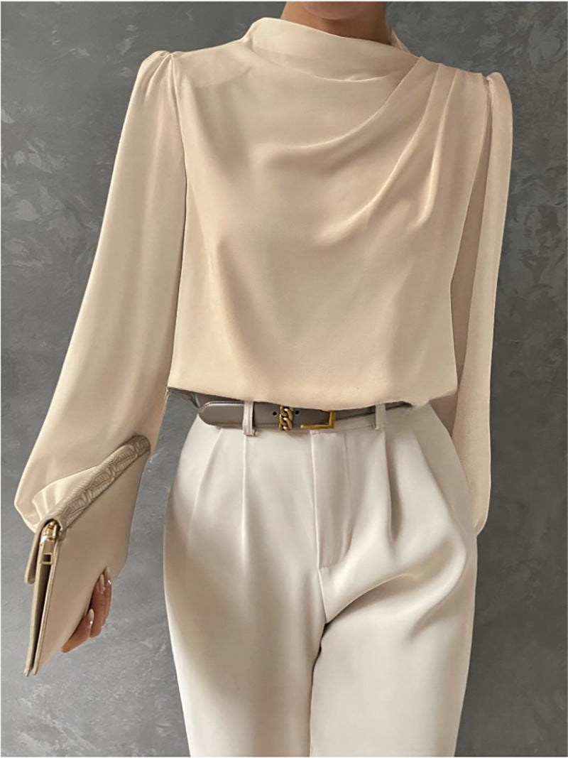 Women's Long Sleeve Blouse with Relaxed Fit and Draped Design