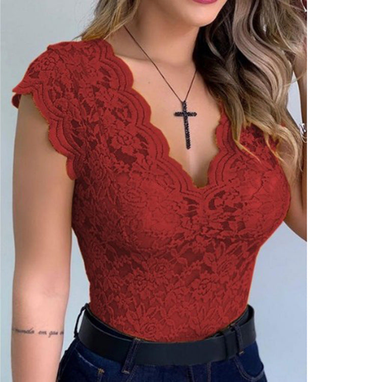 Women's Ruffle Lace Bodysuit – Plunging V-Neck Statement Sleeve Bodysuit