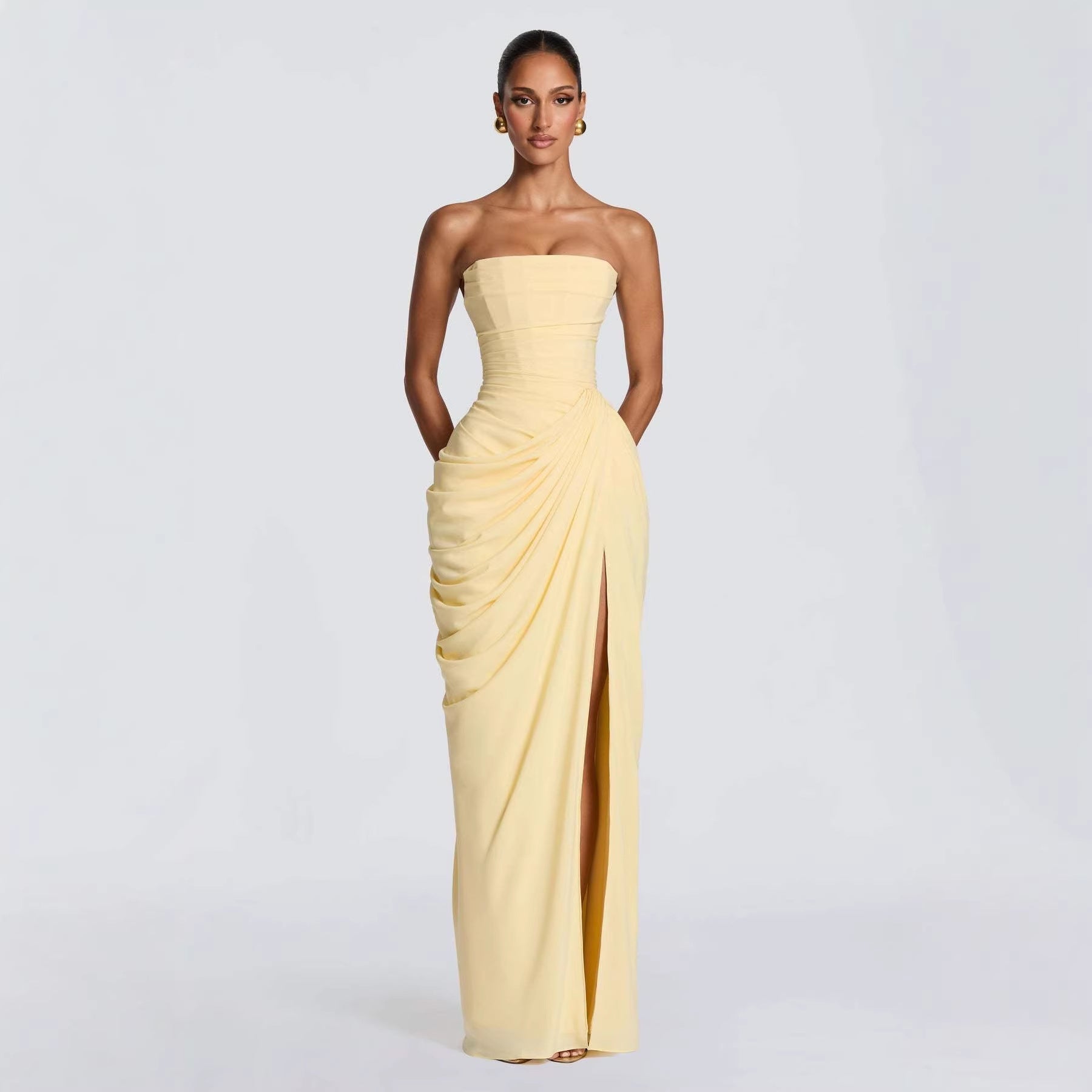 Women's Asymmetrical Draped Gown – Long Sleeve Side Slit Evening Dress