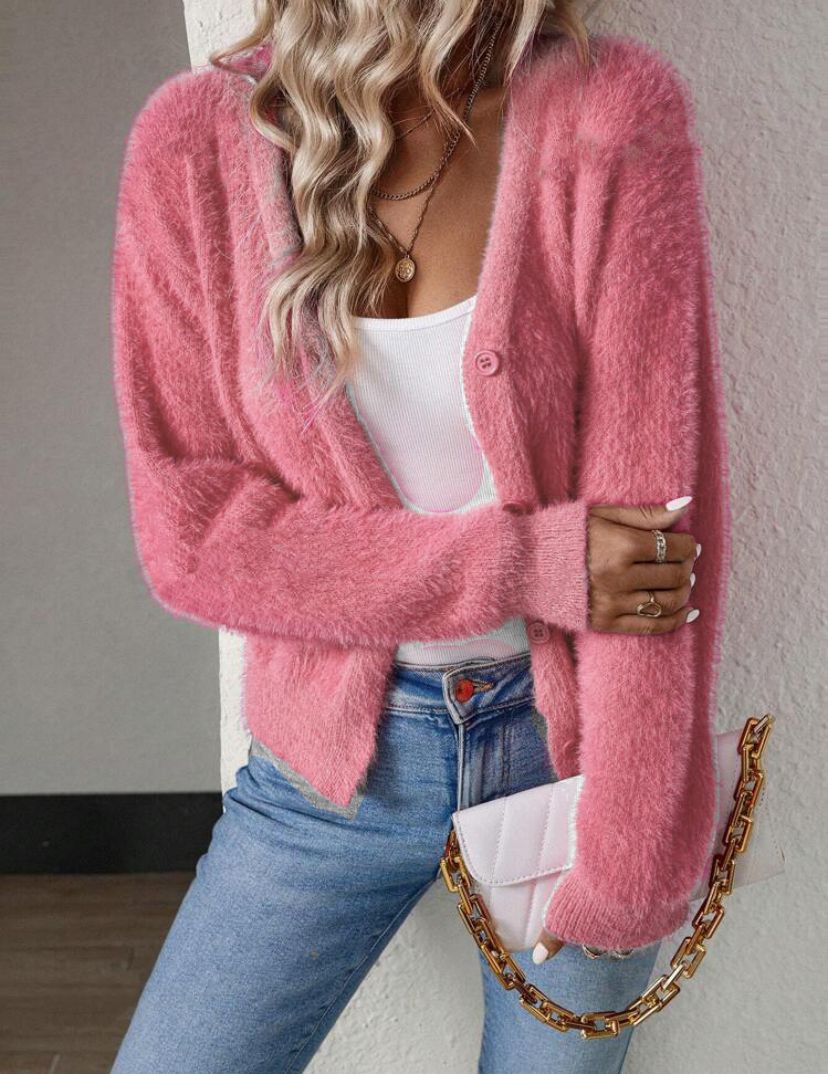Women's Plush V-Neck Cardigan – Button Front Relaxed Knit Cardigan
