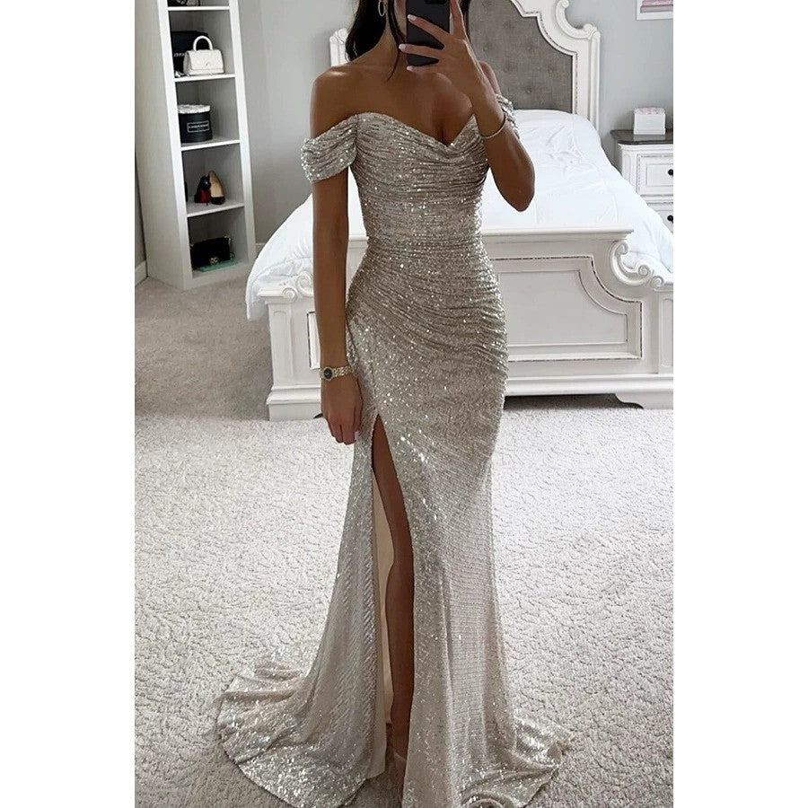 Women's Sequin Off-Shoulder Gown – Sparkle Side Slit Evening Dress