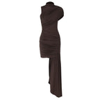 Women's Asymmetrical Draped Dress – High Neck Sash Detail Occasion Dress
