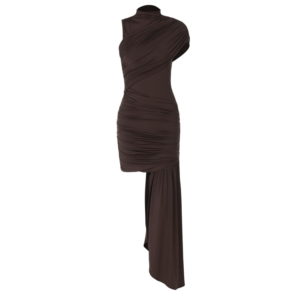 Women's Asymmetrical Draped Dress – High Neck Sash Detail Occasion Dress