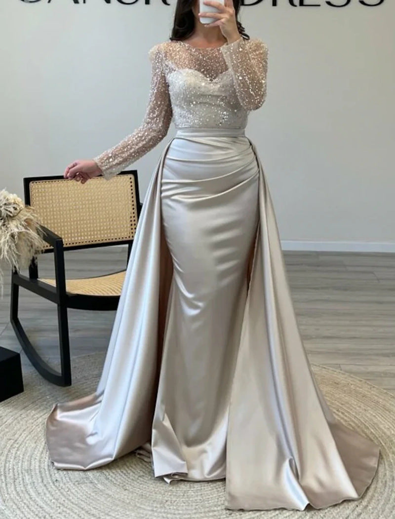 Women's Long Sleeve Glitter Gown – Flowing Sparkle Evening Dress