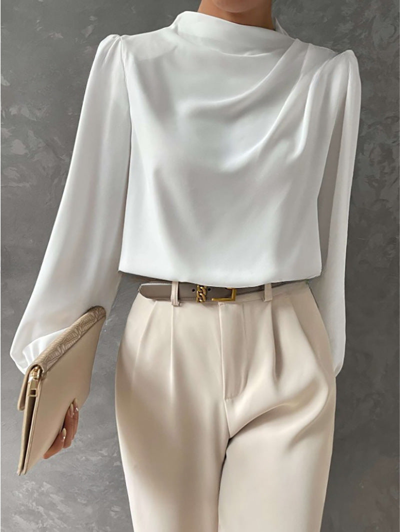 Women's Long Sleeve Blouse with Relaxed Fit and Draped Design