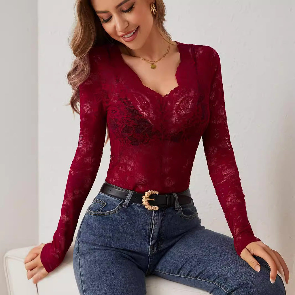 Women's Sheer Floral Lace Bodysuit – Deep V-Neck Long Sleeve Bodysuit