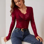 Women's Sheer Floral Lace Bodysuit – Deep V-Neck Long Sleeve Bodysuit