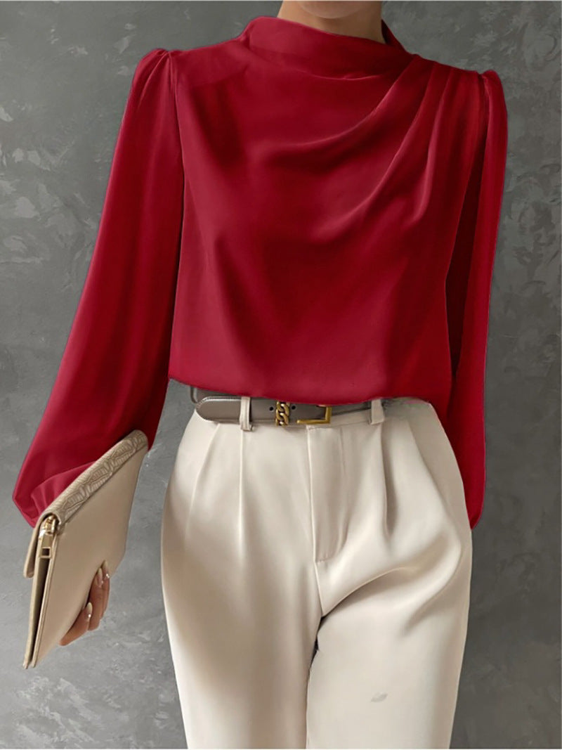 Women's Long Sleeve Blouse with Relaxed Fit and Draped Design
